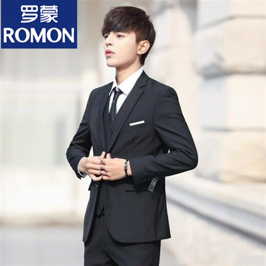 ROMON (ROMON) adult dress suit, boys suit, suit suit, men's five-piece suit, Korean version, slim fit, black suit + pants, S 95Jin Jin equal to 0.5 kg or less