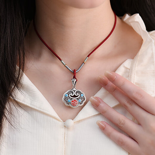 Luotai old silversmith 9999 pure silver enamel blessing safety lock necklace pendant women's ancient French style lanyard accessories blessing safety lock pendant + lanyard
