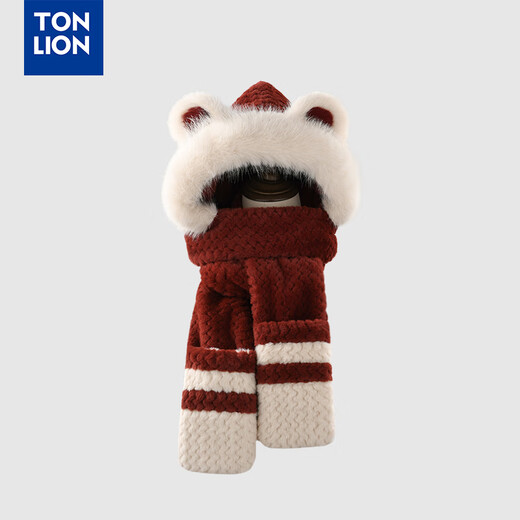 TonLion 2025 new cold-proof and warm bear plush hat scarf gloves all-in-one women's winter thickened ear protection cycling hat red