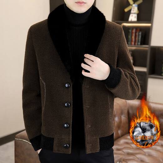 Jacket woolen coat men's youth short business casual autumn and winter velvet thickened suit collar men's woolen coat M70 brown XL recommended 120-135Jin Jin equals 0.5 kg