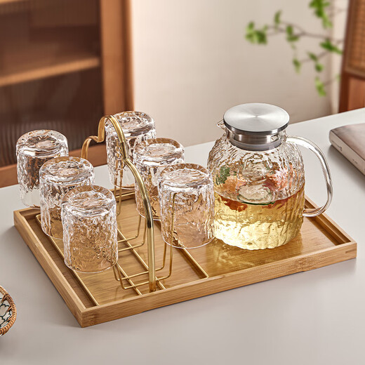 Yagang Light Luxury Glass High Temperature Resistant Household Drinking Water and Tea Cup Set High-Looking Living Room Hospitality Tea Cup Juice Cup Ice Crystal Cup 6 + Cloud Cup Holder + Large Log Tray + Pot