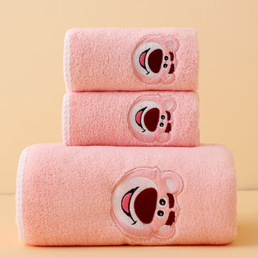 DisneyBaby children's bath towel set cartoon coral velvet multifunctional baby bath three-piece set strawberry bear powder