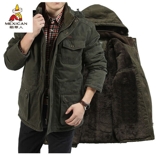 Scarecrow see exhibition car winter mid-length cotton coat men's lamb wool lining jacket cotton jacket plus velvet thickened men's jacket khaki M 110-120Jin Jin is equal to about 0.5 kg