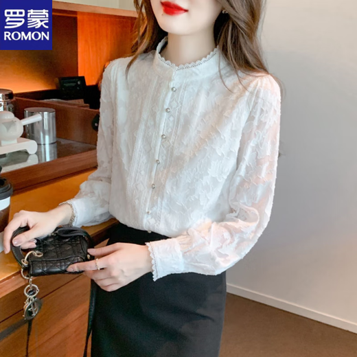 ROMON Velvet Thickened Lace Long Sleeve Shirt Women's Bottoming Shirt Women's 2025 Autumn and Winter New Style Chic and Western Chiffon Shirt Stand Collar White Plus/Fellow XL