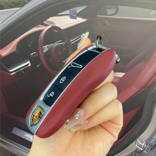 索饰适用保时捷钥匙壳小牛皮扣套卡宴macan718帕拉梅拉911男女taycan A款波尔多红(小牛皮)+挂绳