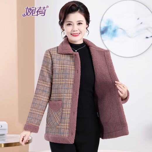 Wanhe middle-aged and elderly women's clothing, temperament, velvet and thickened coat, lapel plaid cotton coat, middle-aged mother's short cotton jacket and cotton coat