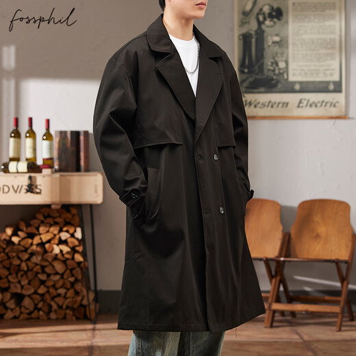 Foss Phil windbreaker men's autumn and winter loose casual mid-length jacket light mature style coat jacket 2407 black M