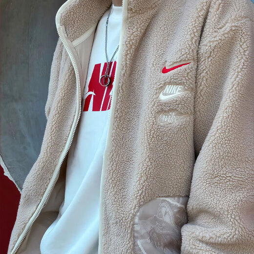 NIKE men's and women's new autumn and winter sportswear imitation sherpa stand collar casual fashion warm jacket FZ6194-126 white brown L