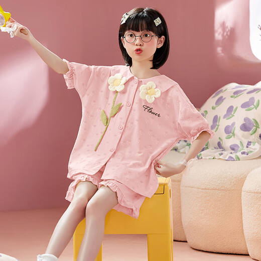 曼妮朵女童睡衣夏季纯棉小女孩新款儿童家居服宝宝开衫短袖短裤套装薄款 B4877绿【双短】 110cm 10码建议105-115cm