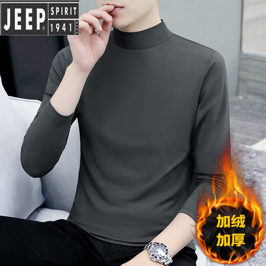 JEEP SPIRIT velvet half turtleneck bottoming shirt for men, warm lining, slim long-sleeved t-shirt, youth inner wear solid color sweatshirt T192 carbon gray + T192 black velvet L 115-130Jin Jin is equal to 0.5 kg