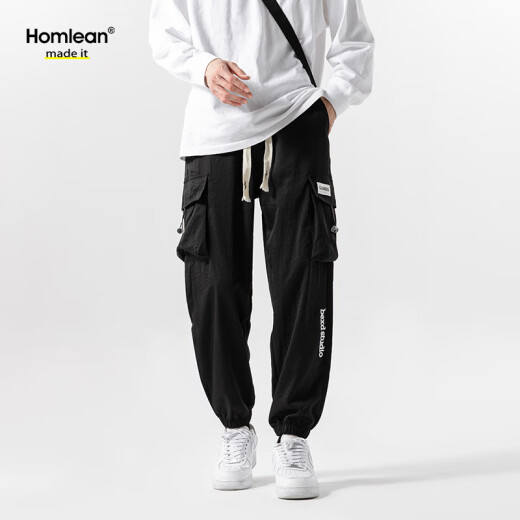 
Homlean American high street casual pants men's summer paratrooper tying feet versatile work pants niche functional style 9913 black 2XL