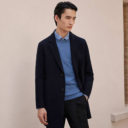 Good News Bird doppelseitiger Wollmantel in mittlerer Länge, reiner Wolltextur-Freizeitmantel für Herren KEBS223031U Marineblau 54