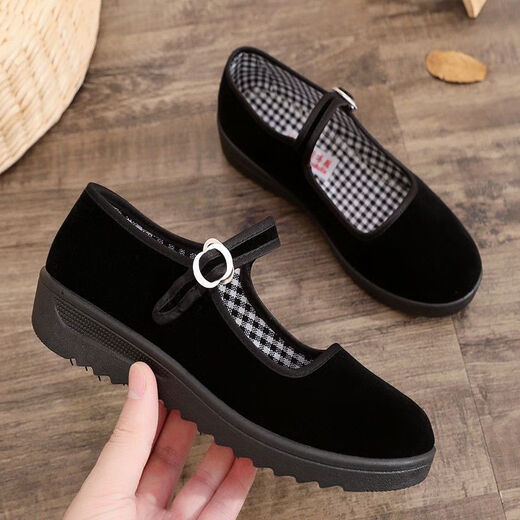 Yu Department Hotel Work Shoes Women's Black Old Beijing Cloth Shoes Soft Sole Mom's Shoes Square Dance Shoes Women's Cloth Shoes Anti-Slip Shoes 3cm Plaid Tendon Sole 36