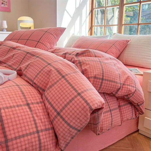 Yingyinguo four-piece bed set Japanese-style yarn-dyed washed cotton unprinted style sheets and fitted sheets bedding