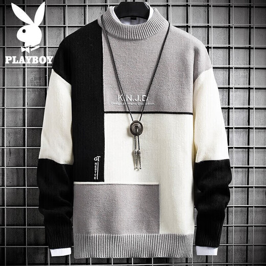Playboy (PLAYBOY) sweater men's autumn and winter sweater men's coat toe bottoming shirt round neck color matching warm woolen clothes