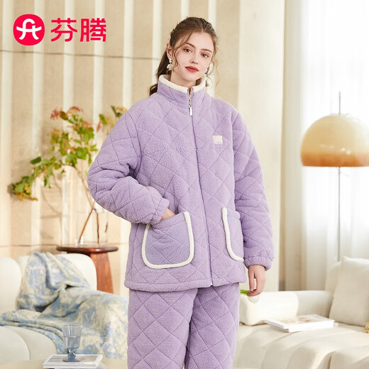 Fenton Couple Pajamas Autumn and Winter Zippered Long Sleeves Anti-static Imitation Sheep Velvet Quilted Warm Home Wear Pajamas Lavender Purple-Women's L
