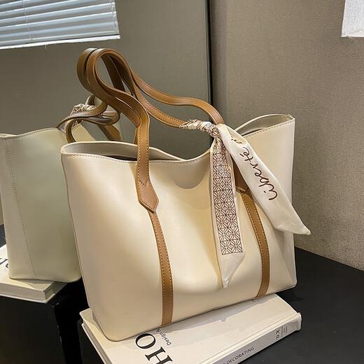 Bai Qixin Tote Bag Large Capacity Commuting Large Bag Women's Fashionable Simple Tote Bag Retro Shoulder Handbag Simple Tote Bag White with Brown + Ribbon