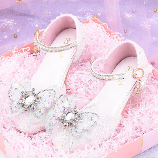 Ruiyang Children's High Heels Female Elsa Princess Dress Shoes Girls Crystal Shoes Single Shoes Pearl Sparkling Diamond Stage Performance Shoes Pink Size 29 Inner Length 18.9cm