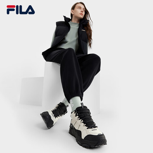 FILA women's mid-cut plus velvet dad shoes casual shoes winter warm thick-soled sneakers turtledove yellow/black-TB 37.5