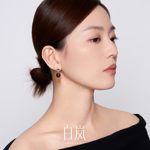 Bai Lan double amber earrings for women, amber 925 silver earrings, niche temperament, exquisite and elegant birthday gift for wife, dark amber earrings