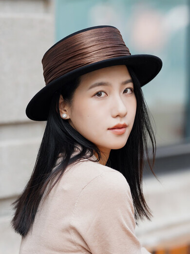 JOLISAC high-end niche Australian woolen flat hat for women pleated silk linen French retro flat brim hat short brim autumn and winter black with coffee 6CM wide brim adjustable