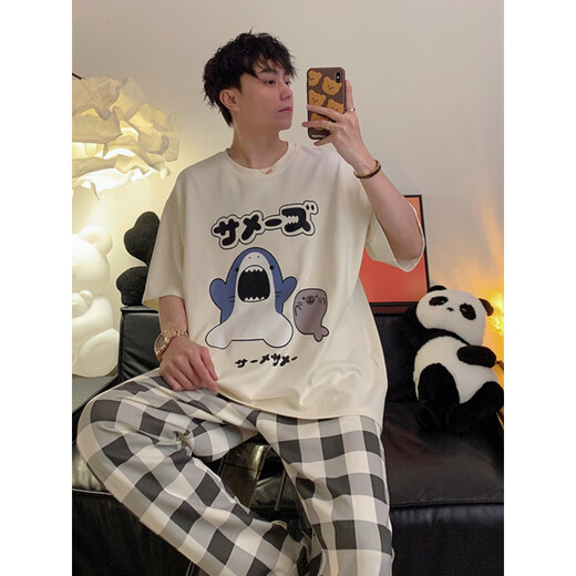 Kangduomi Pure Cotton Herren Pyjamas Drei-teilige Kurzarm-Shorts Hose Frühling und Sommer Runder Baumwoll-Hals-Cartoon Hai Drei-Student TFN [Drei-teiliger Set] A5012 Dingdang Cat l Männer [100-120jin [Jin gleich 0,5 kg]]]