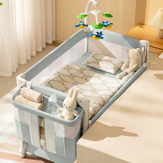 Coolbaby folding crib can be spliced into a large bed with one-click opening and closing, multifunctional crib pine gray standard model