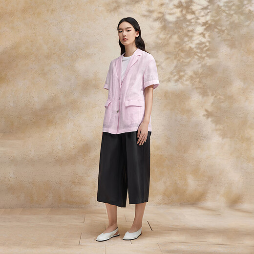 播外套夏季薄款女商场同款柔软亚麻轻盈西装领短外套BDR2XD1355 R10雾粉 S