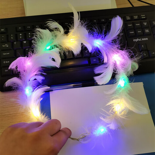 ENRMIIV luminous garland headdress with light, goose feather garland, feather angel headband, Internet celebrity night market street stall small gifts wholesale, angel goose feather garland warm light