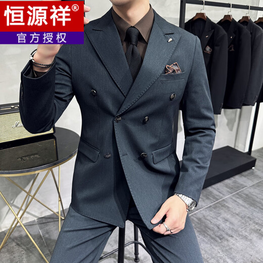 Hengyuanxiang double-breasted suit men's suit business formal casual suit British slim fit groom wedding dress including sheep wool style-dark green three-piece suit, black lining 48/M