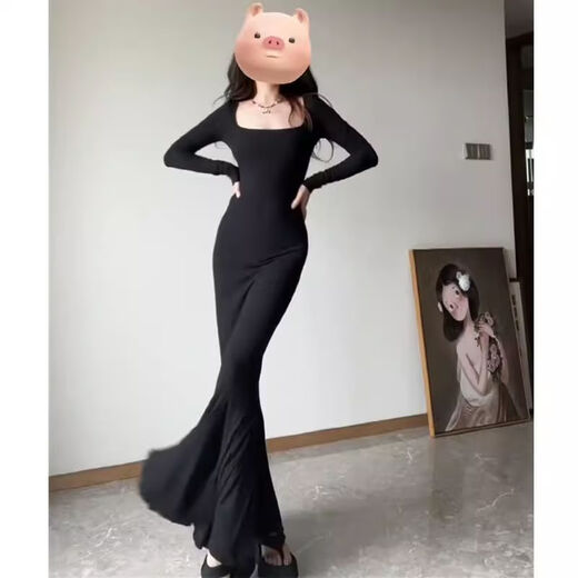 Pingyu Bubu Shenglian square neck long-sleeved fishtail arm-wrapped dress for women, autumn temperament, slim waist, slimming and sexy long skirt, black S