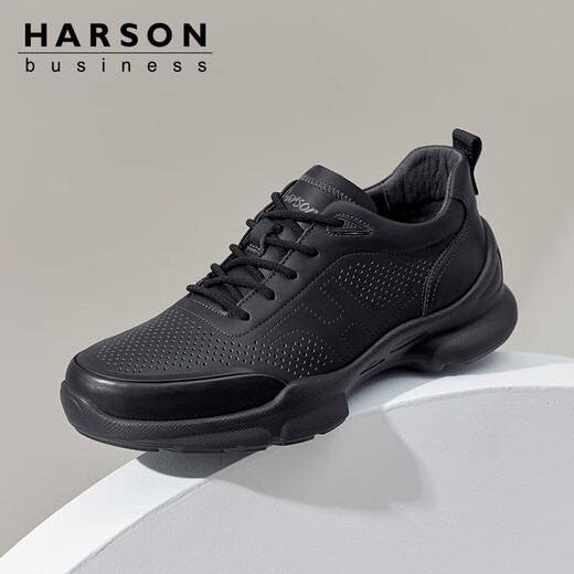 Harson Herren-Herbst- und Winter-Freizeit-Lederschuhe, Pendler, Business, dicke Sohle, Erhöhung, Sport, Wanderschuhe, Schwarz, perforiert, 42
