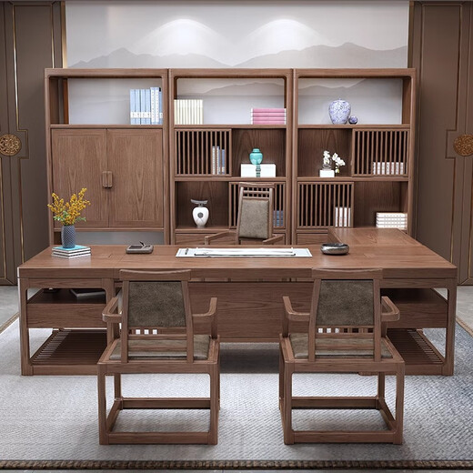 Yanxie Chengge (YARXCHEG) new Chinese style office desk and chair combination all solid wood boss desk president desk simple modern executive desk office furniture 3.0 meter table + side table + bookcase + main chair + 2 guest chairs