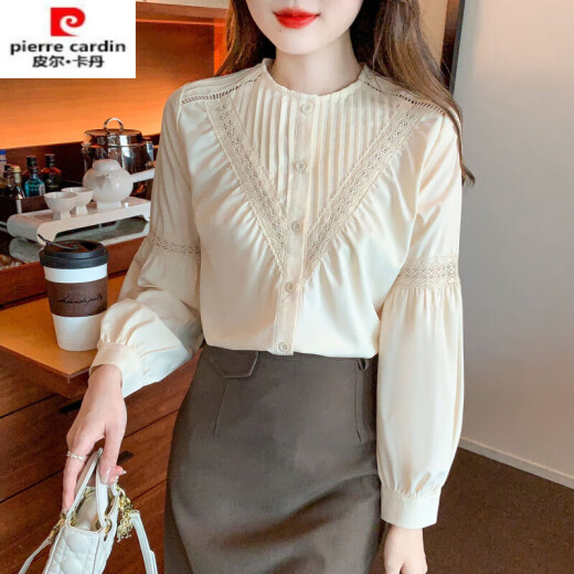 Pierre Cardin spring, autumn and winter tops, chiffon shirts for women, 2023 new style nine-quarter sleeves, fashionable bottoming shirt, apricot L