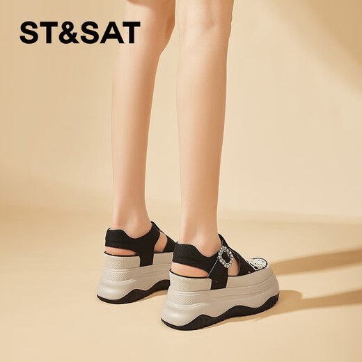 星期六（St&Sat）罗马凉鞋女2024夏季新款包头厚底女鞋子镂空编织猪笼鞋水钻渔夫鞋 黑色 35
