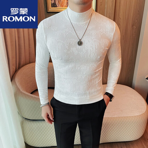 ROMON half turtleneck T-shirt men's long-sleeved slim printed sweatshirt mid-collar bottoming shirt autumn tight floral pattern T-shirt top T coffee color M 90-112Jin Jin equals 0.5 kg