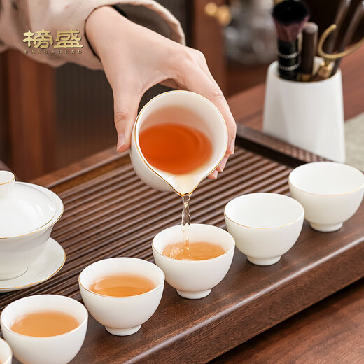 Bangsheng mutton-fat jade single product accessories ceramic tea cup kung fu tea set household covered bowl large tea cup tea cup fair cup tea suet jade bowl lid