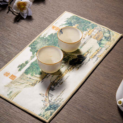 Baipinliang high-end new Chinese style super absorbent tea towel, ancient painting, Zen tea mat, velvet tea cloth, Kung Fu tea table gift box, 4 pieces in gift box (picture style shipped) No Specifications