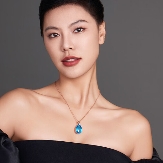Yicai Jewelry 18k gold topaz pendant for women, sky blue water drop necklace, diamond inlaid blue gemstone, 18 carat topaz pendant/18K gold inlaid - chain not included