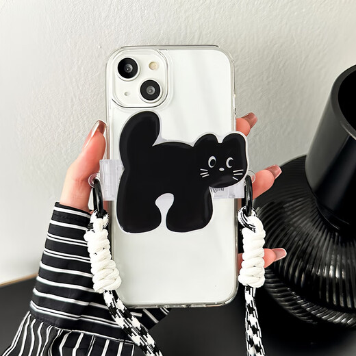 Dipur detachable mobile phone back clip lanyard adjustable crossbody strap hanging neck anti-lost and anti-fall ins cartoon diagonal cross-body applicable to any mobile phone Black Cat