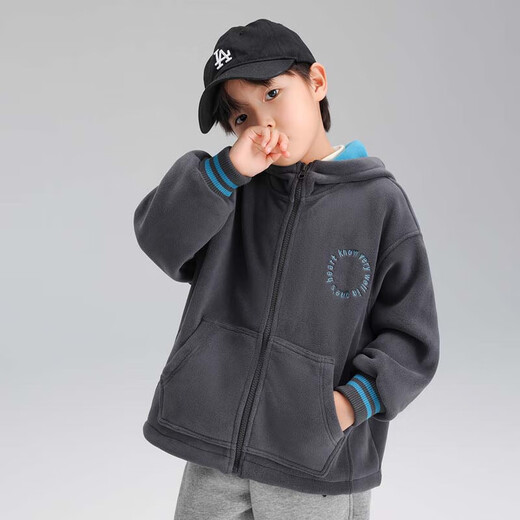 Zuoxi Boys' Polar Fleece Jacket Children's Autumn Clothing 2025 Autumn Style Warm Thick Top for Medium and Large Children Gray 130