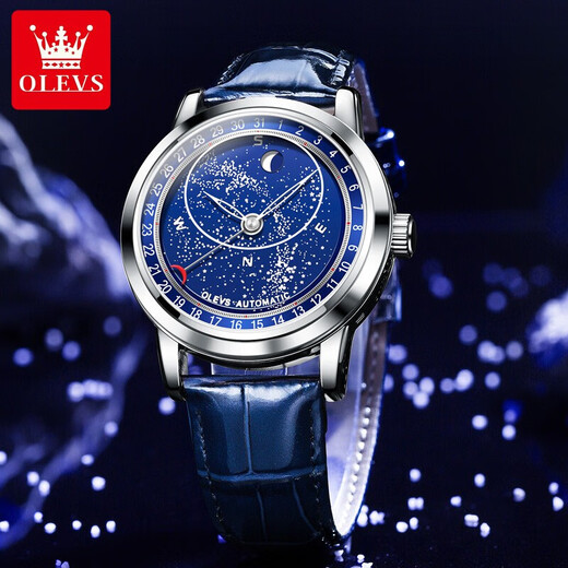 Oleis levs Schweizer zertifizierte Brand Watch Herren Mechanical Watch Luminous Waterfof Star-Serie Herren Uhren High-End-Herren-Uhr Olevs-9923-Natural Starry Sky Blue Surface