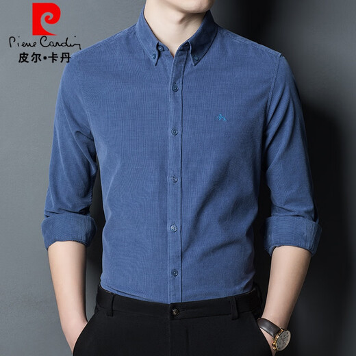 Pierre Cardin pure cotton long-sleeved shirt men's high-end 2025 new spring and autumn shirt men's casual corduroy brushed plus velvet shirt green plus velvet XL 140-155Jin Jin equals 0.5 kg