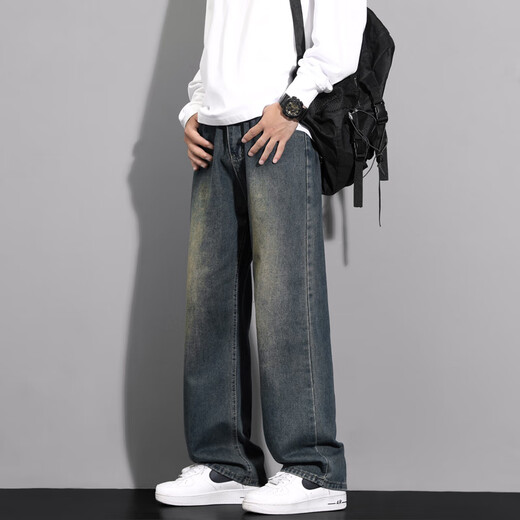 MAYBEYOND jeans men's American fashion brand high street workwear straight pants loose casual wide leg pants MA46 blue XL