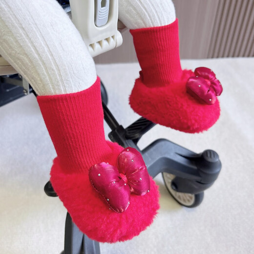 米嘟尔婴儿秋冬季6-12个月加厚加绒保暖0-1岁新生儿红色新年步前棉鞋袜 米-红点结（红色-婴儿绒袜口鞋） 12.5 M 内长12.5CM建议7-15个月