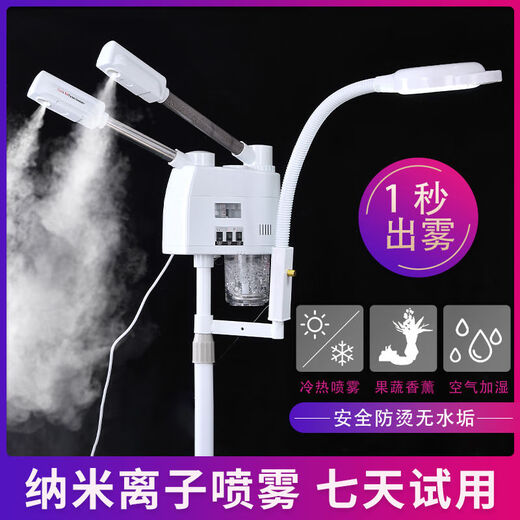 Vaporizador en spray frío y caliente, vaporizador facial, luz de agua facial, spray nanométrico de molécula pequeña, poros hidratantes faciales, especial para salones de belleza, spray frío y caliente de doble tubo + lámpara de aumento 8x + luz ajustable