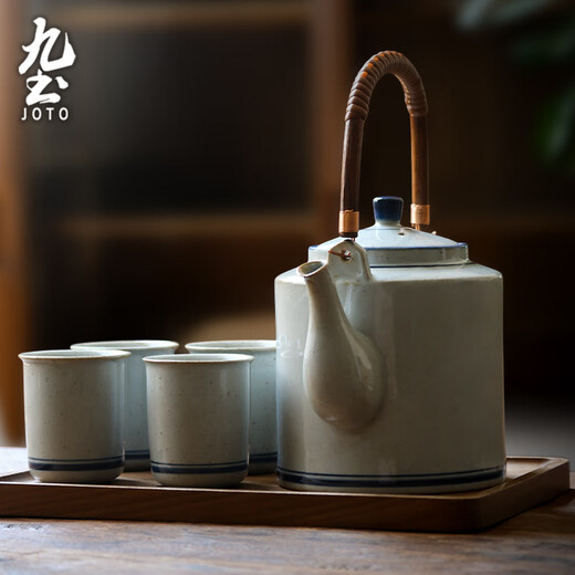 Jiutu household ceramic cold kettle large capacity old-fashioned retro teapot blue and white underglaze color cold kettle teacup blue and white handle teapot