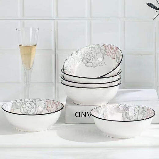 Ceramic soup bowl, large thickened Chinese tableware, rice bowl, rich peony bamboo hat bowl, 2 pieces (without spoon)