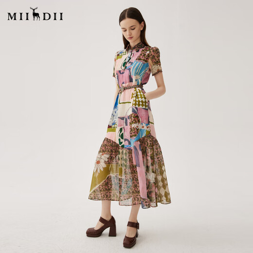 谜底印花连衣裙短袖女2024夏季款复古田园风长裙配腰带247ML5010 浅粉花 L