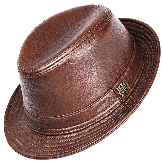 JEEP SPIRIT genuine leather top hat men's retro casual British jazz hat middle-aged and elderly father's hat cowhide beach hat old man hat dark brown medium size XL (57-58cm) adjustable
